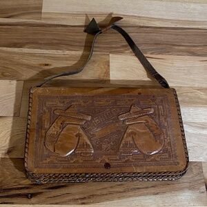 Vintage Hand Tooled Carved Siesta Mexico Leather Handbag w/Small Wallet